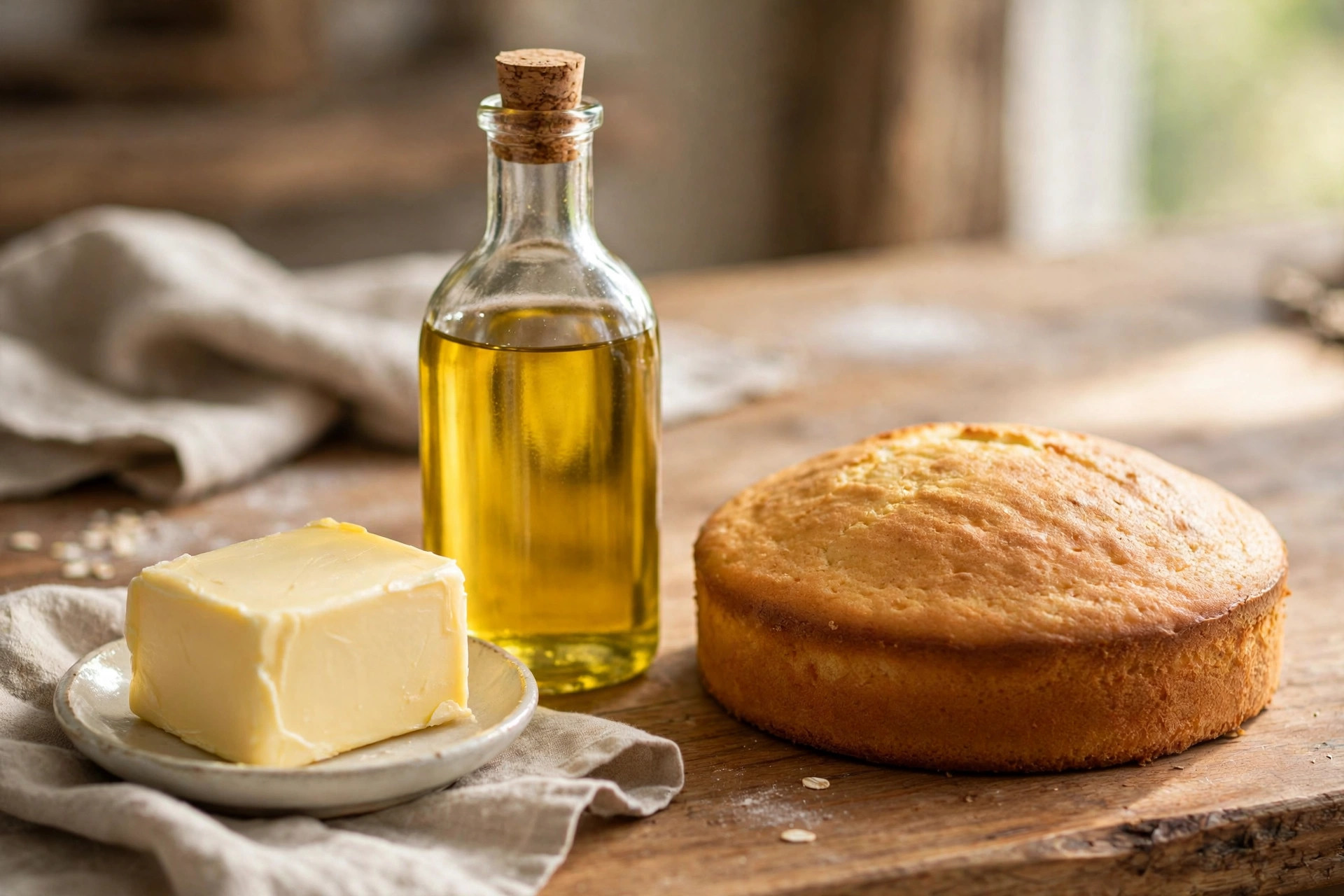 Block of butter and a glass bottle of golden oil beside a baked cake on wood