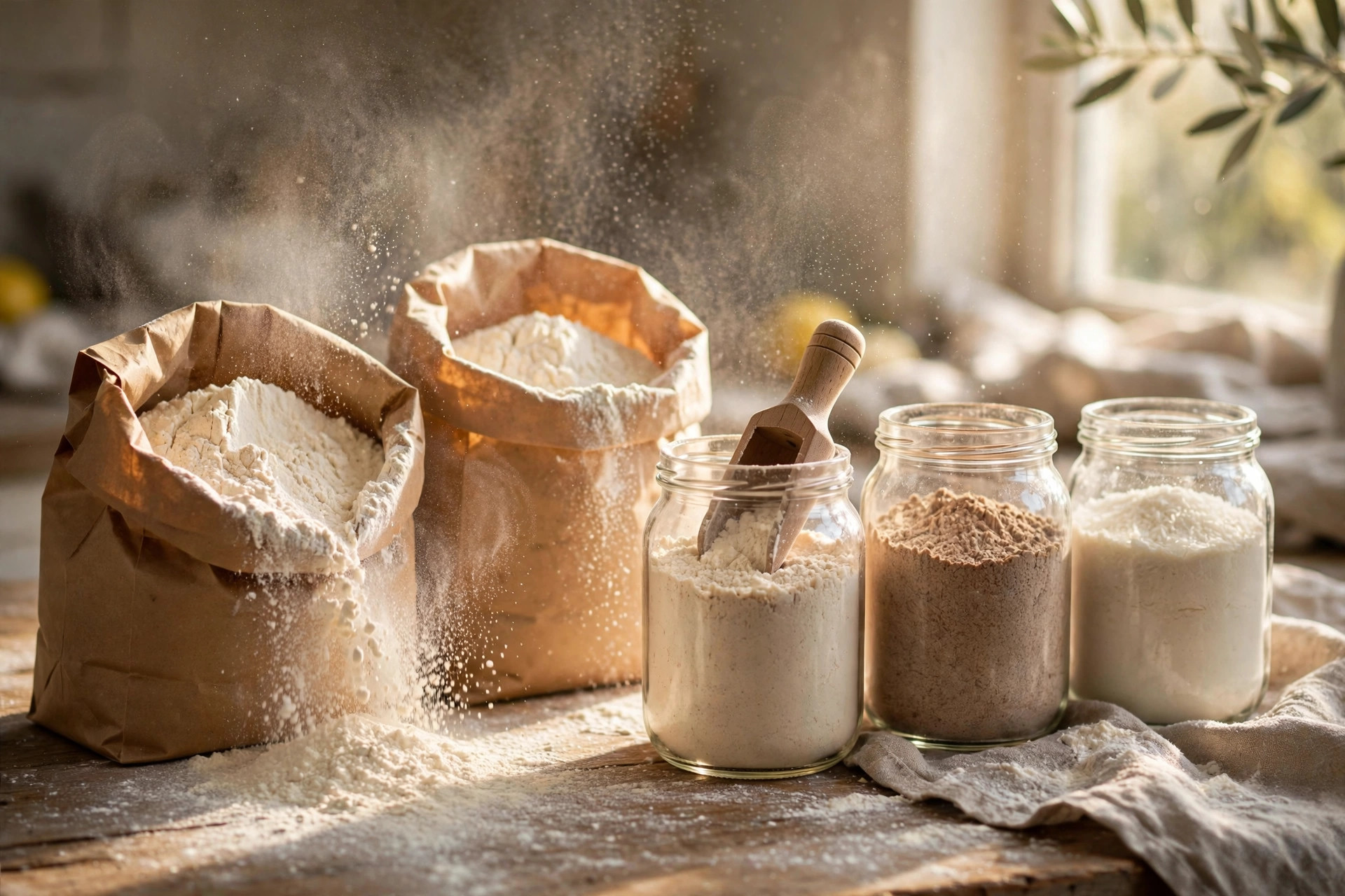Open paper bags and glass jars of flour with a wooden scoop on a sunlit counter