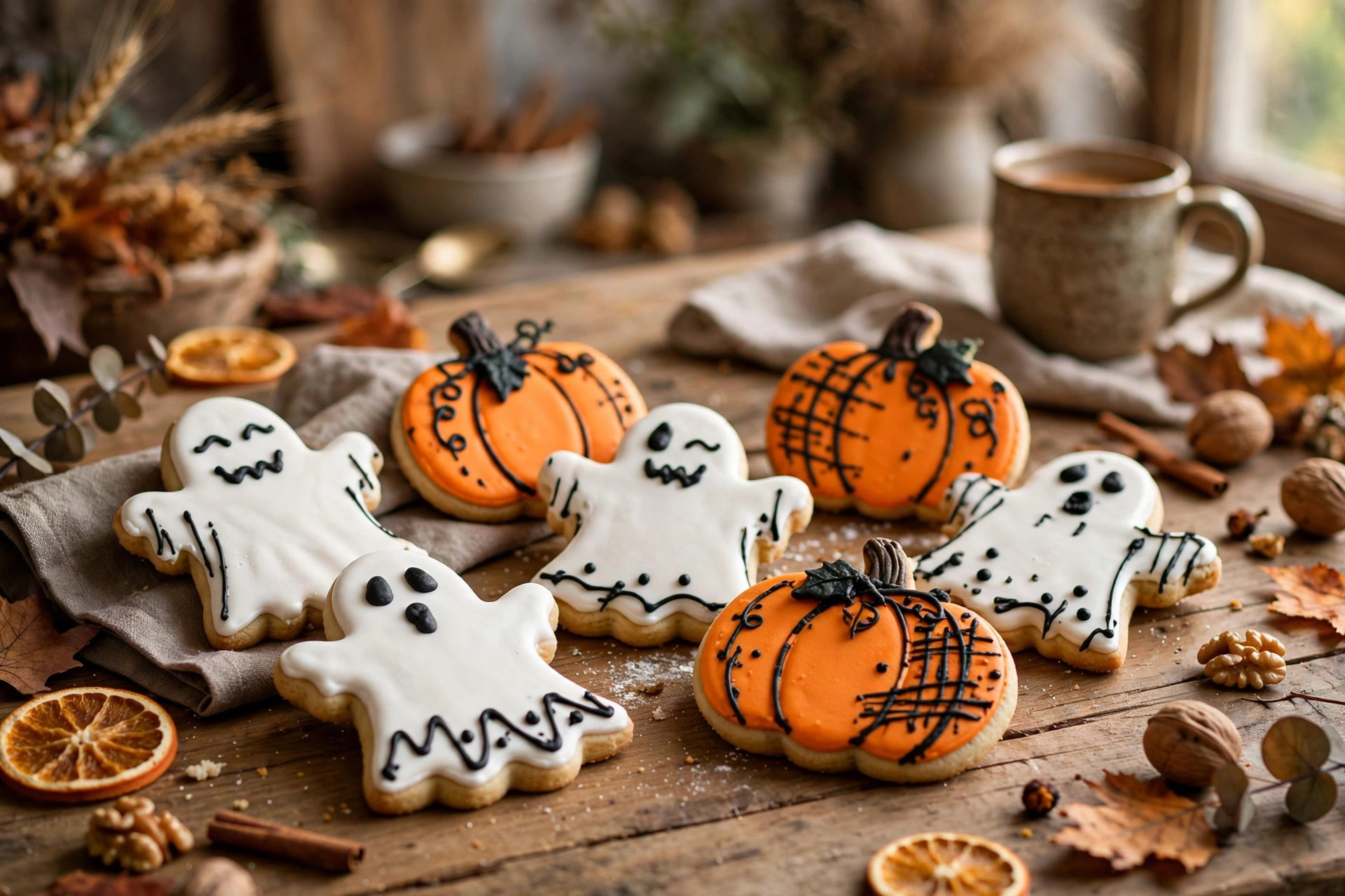 Iced ghost and pumpkin Halloween sugar cookies arranged on a rustic wooden table